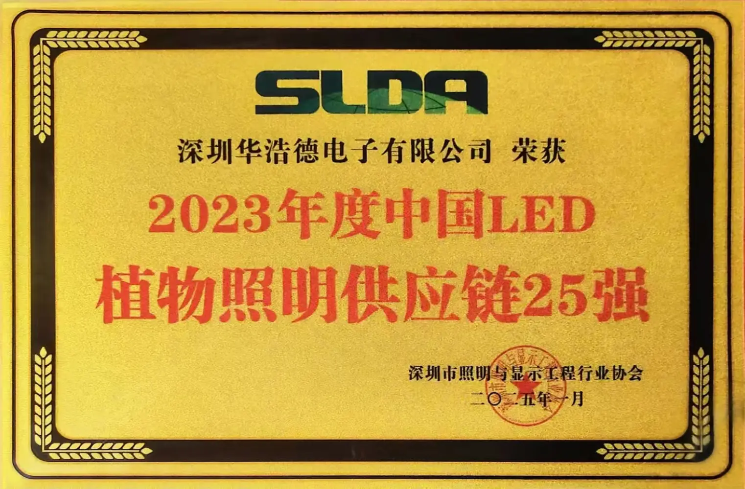 FAHOLD Top 25 Chinese LED Plant Lighting Supply Chain certificate