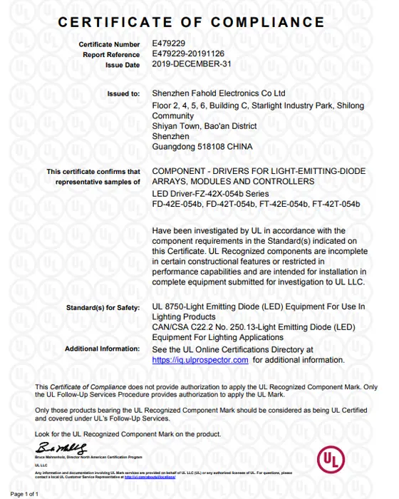 FAHOLD UL Certification credential
