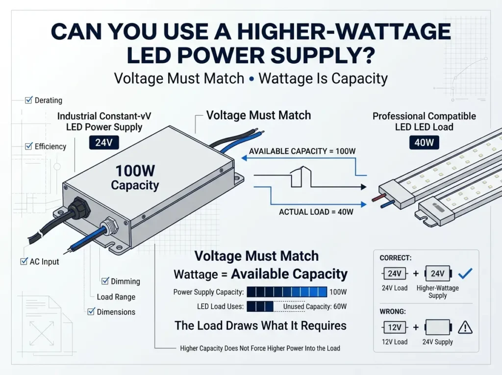 Higher wattage LED power supply showing that voltage must match and wattage represents available capacity