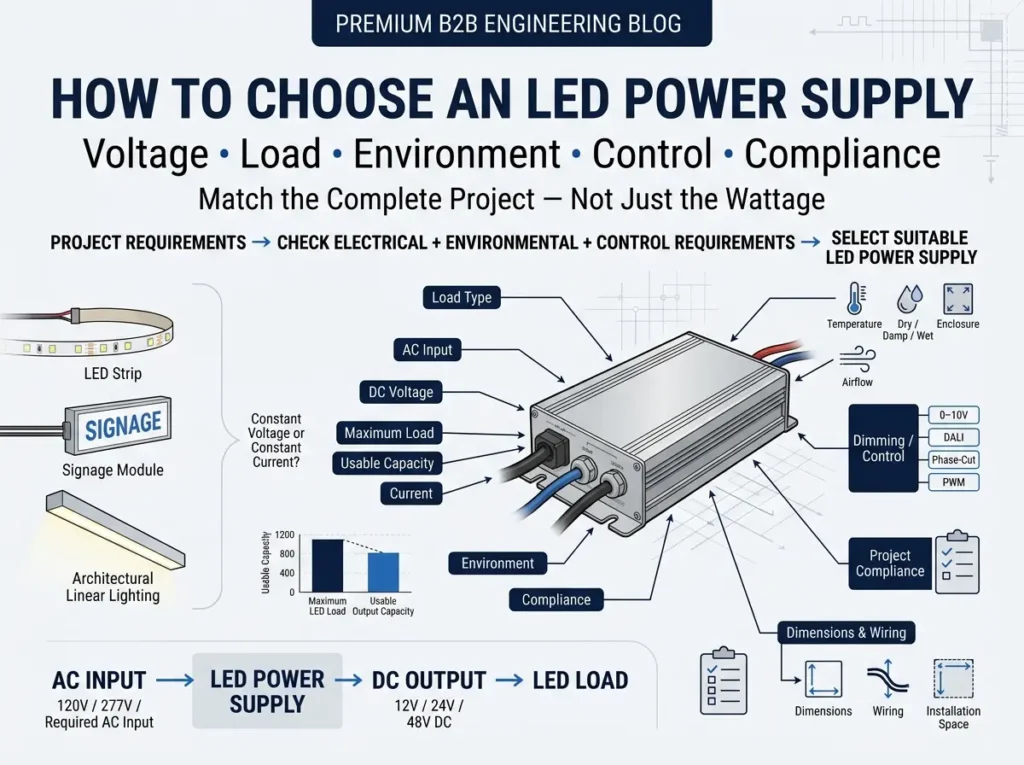 How to choose an LED power supply by checking voltage load capacity environment dimming and certification