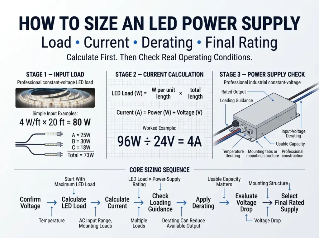 How to size an LED power supply by calculating load current derating and final power supply rating
