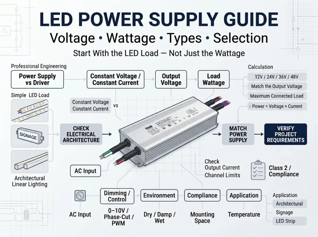 LED power supply guide covering voltage wattage types and selection for constant-voltage lighting systems