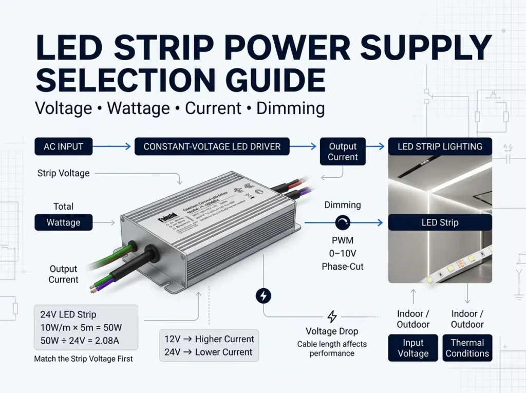 LED strip power supply selection guide covering voltage wattage current dimming and installation checks