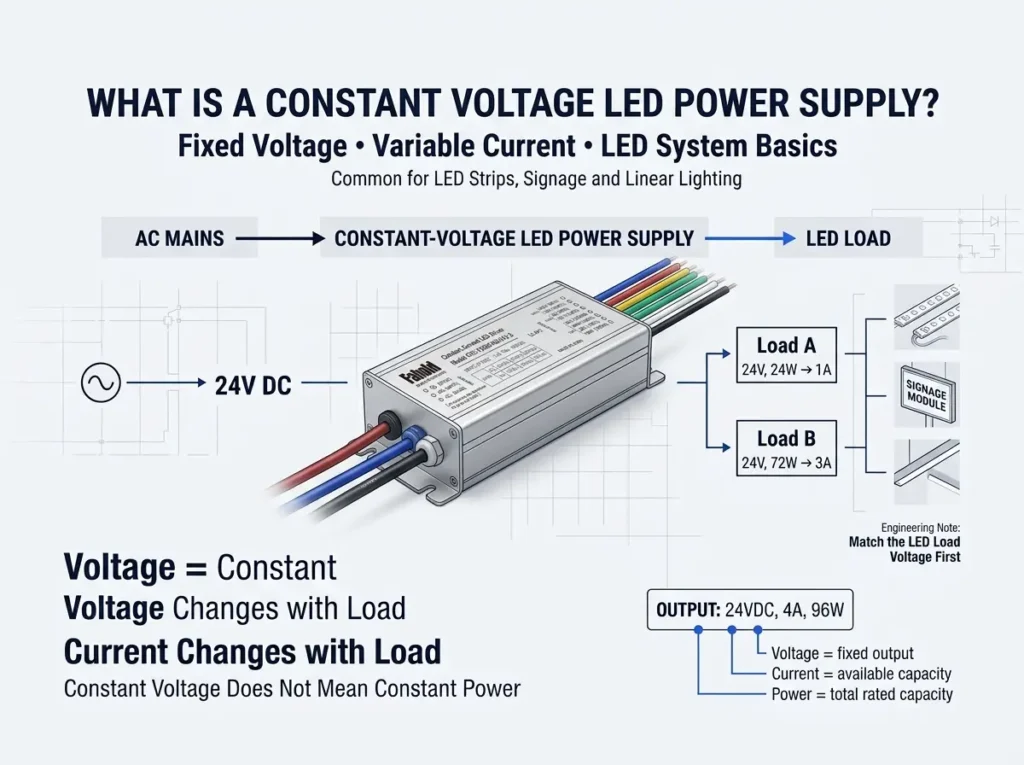 What a constant voltage LED power supply is and how it maintains fixed voltage for LED loads