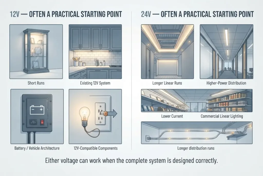 12V vs 24V LED strip applications for different lighting project types