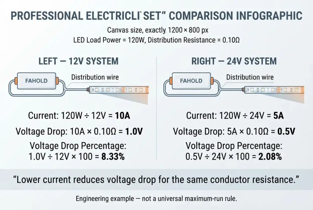 12V vs 24V LED strip voltage drop comparison at the same power and wire resistance