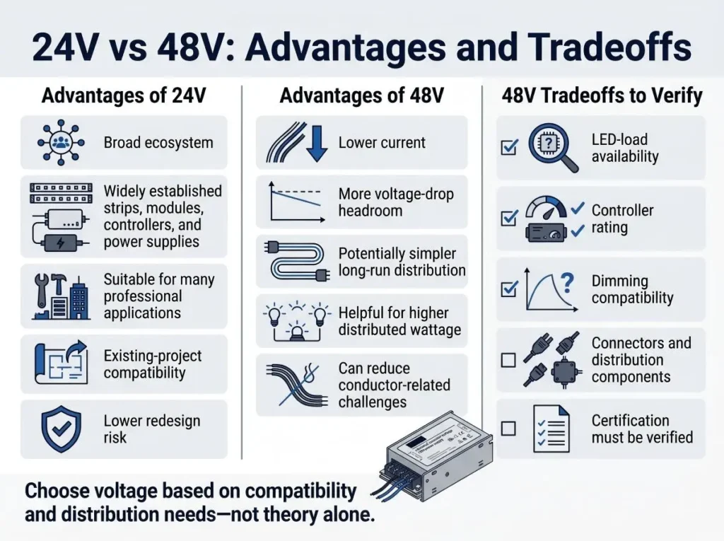Advantages and tradeoffs of 24V vs 48V LED power supply systems