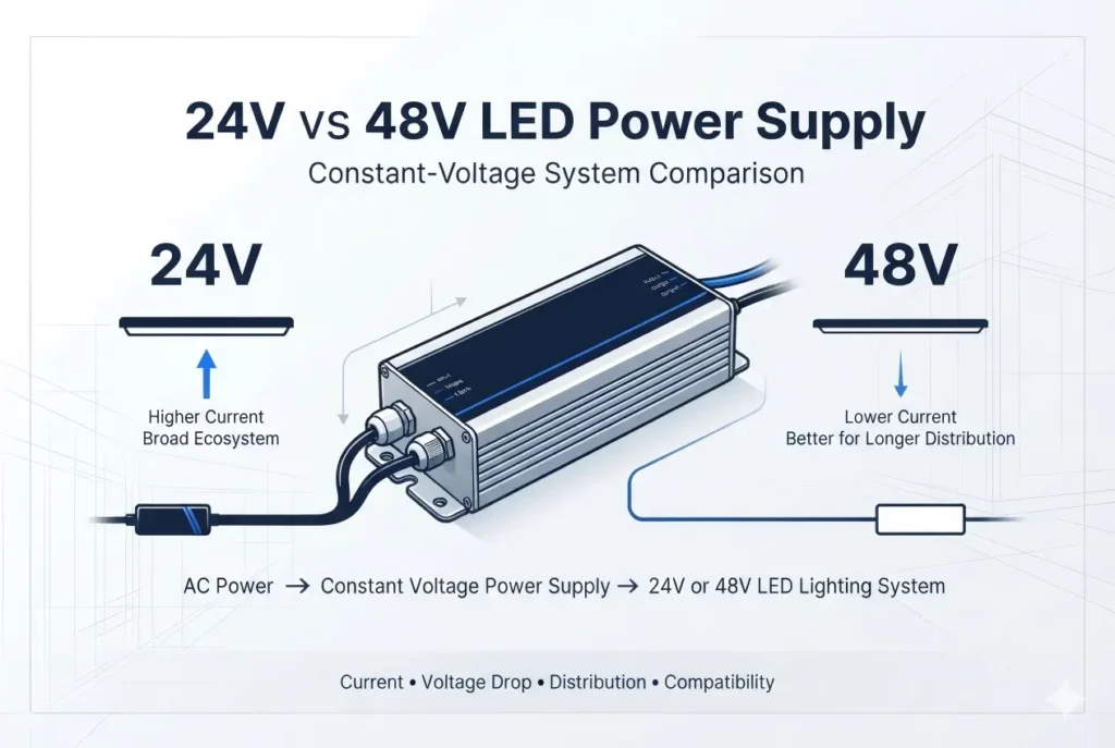 24V vs 48V LED power supply comparison for constant voltage LED lighting systems