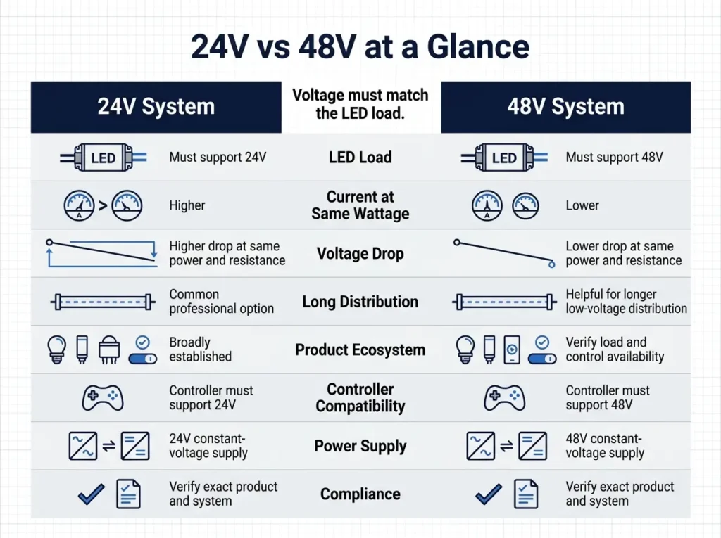 24V vs 48V LED power supply comparison at a glance for constant-voltage systems