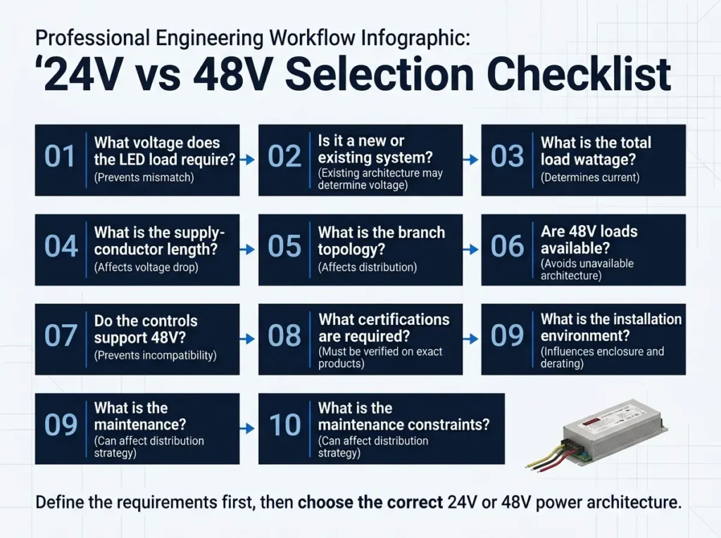 24V vs 48V LED power supply selection checklist for constant-voltage system design