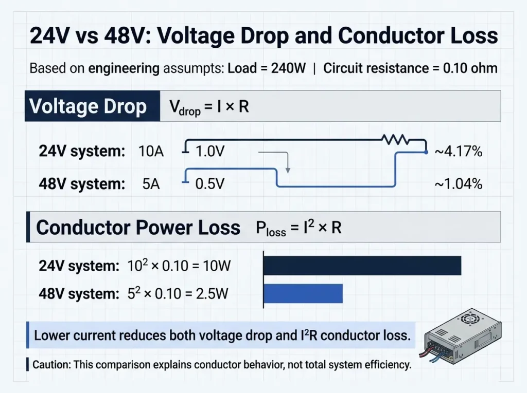 24V vs 48V voltage drop and conductor power loss comparison in LED lighting systems