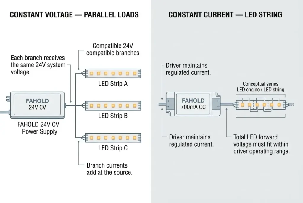 Constant voltage parallel loads vs constant current series LED string architecture