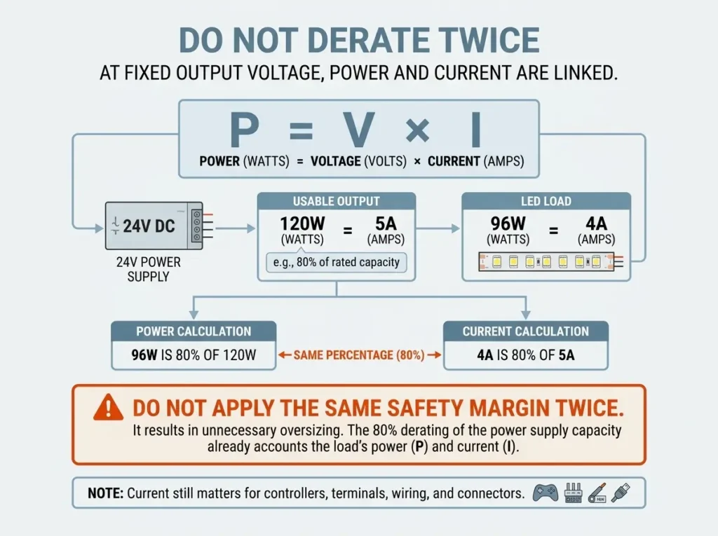 Do not derate twice when comparing LED power supply wattage and current