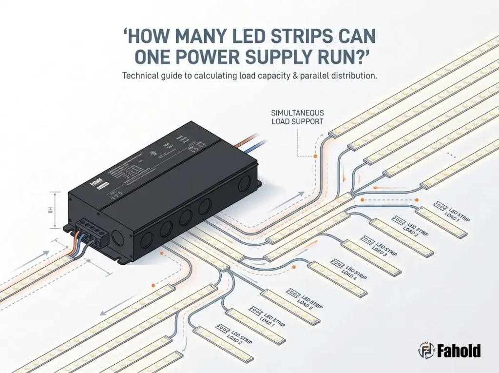 How many LED strips can one power supply run in a multi-branch LED strip system