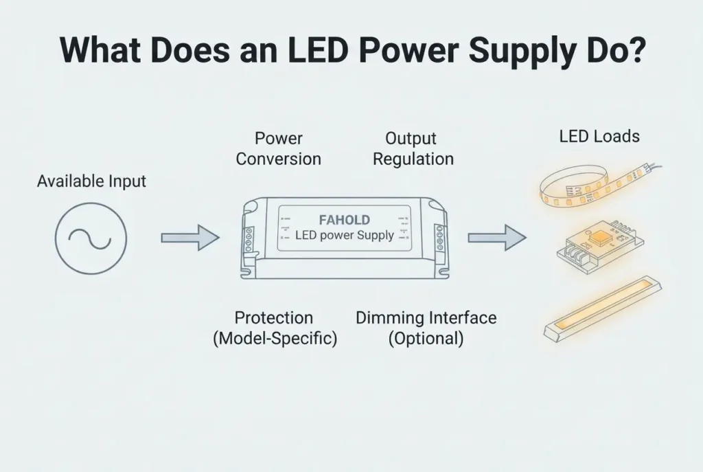 Basic function of an LED power supply from input power to regulated LED output