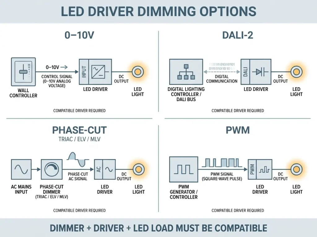 LED power supply dimming options including 0-10V DALI-2 phase-cut and PWM