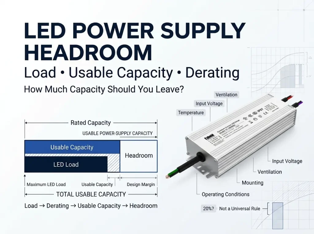 LED power supply headroom guide showing load usable capacity derating and design margin