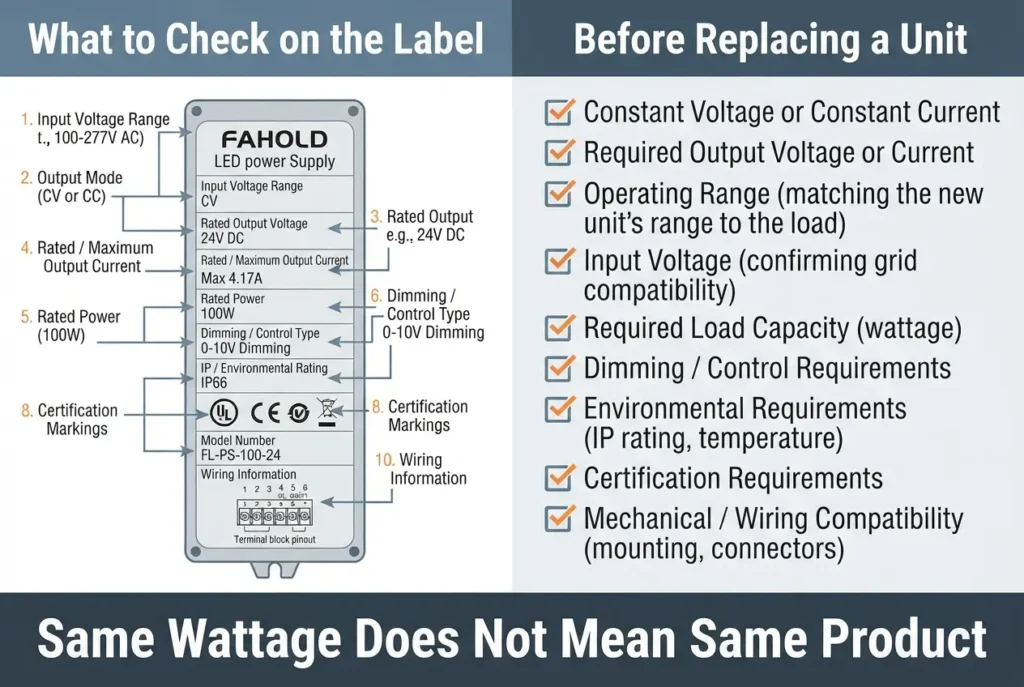 LED power supply label information and replacement checklist