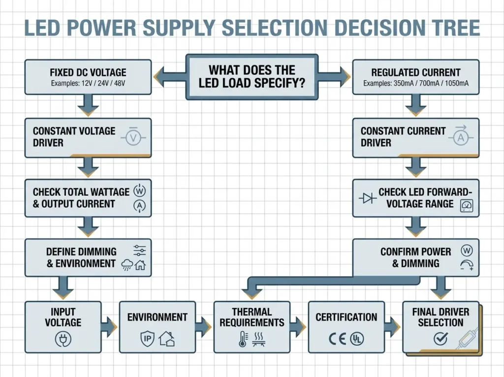 LED power supply selection decision tree for constant voltage and constant current loads