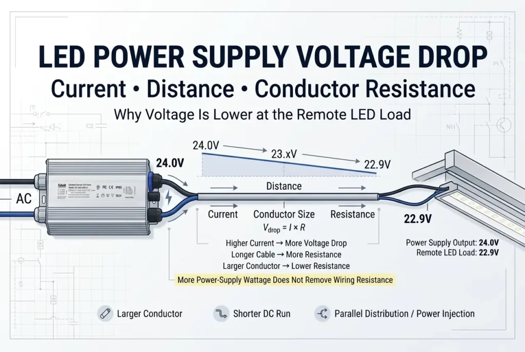 LED power supply voltage drop in constant-voltage systems caused by current distance and conductor resistance