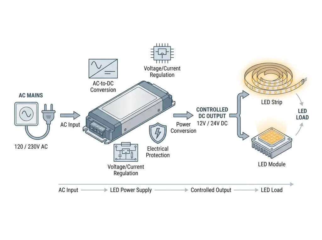 LED power supply working principle from AC mains input to controlled DC LED output
