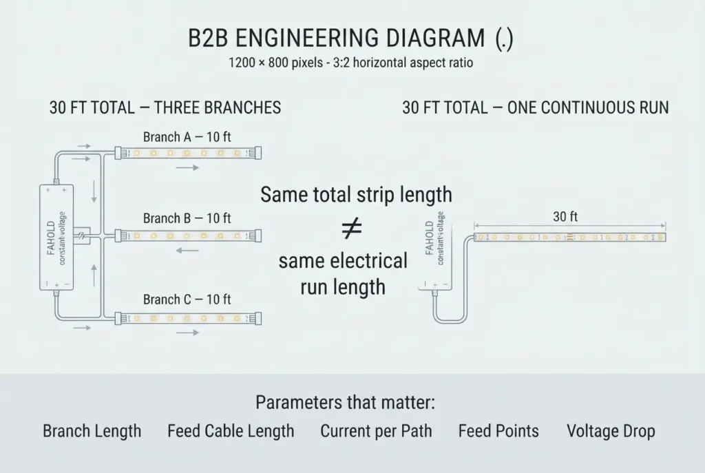 LED strip total project length versus individual electrical run length
