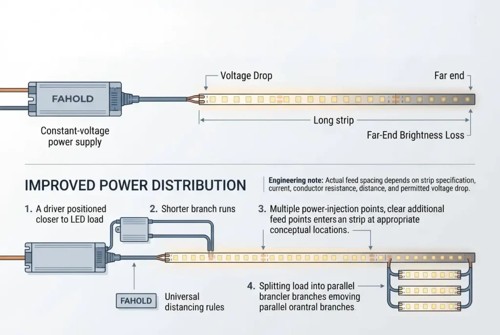 LED strip voltage drop and multiple power injection methods for long runs