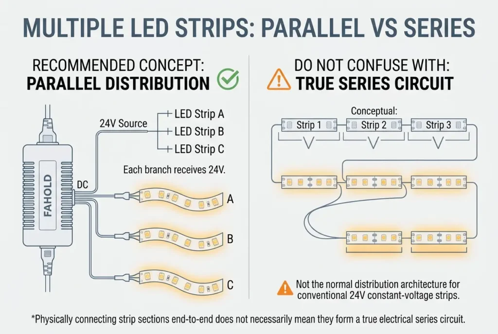 Parallel versus series connection for multiple constant-voltage LED strips