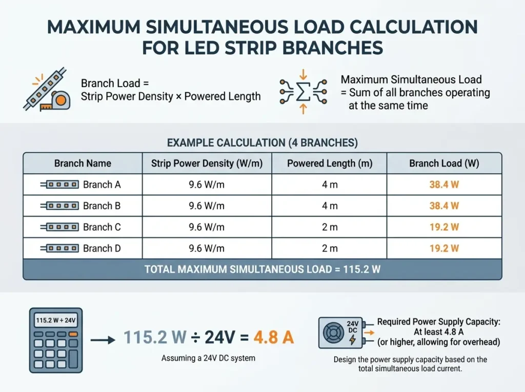 Maximum simultaneous load calculation for multiple LED strip branches