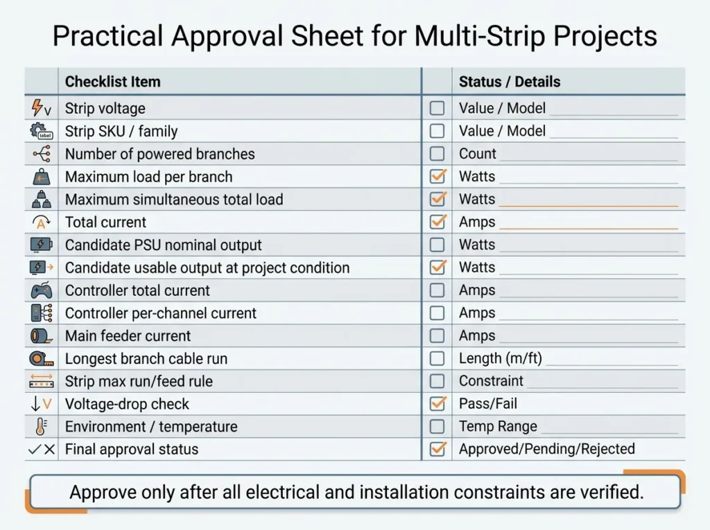 Practical approval sheet for validating one power supply for multiple LED strip branches