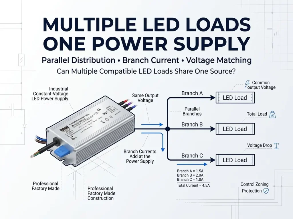 Multiple LED loads sharing one power supply with parallel branch distribution
