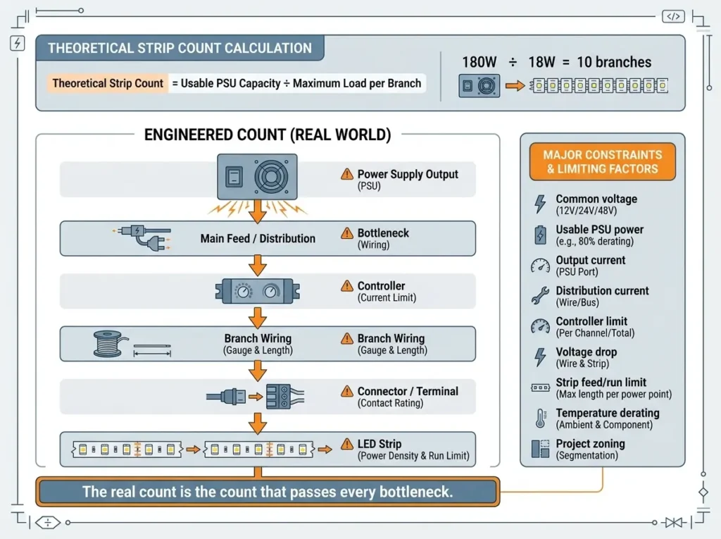 Theoretical strip count versus engineered strip count for one LED power supply