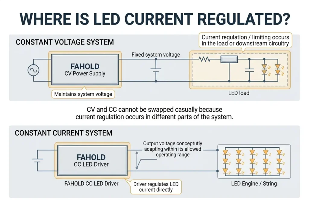 Where current regulation occurs in constant voltage and constant current LED systems