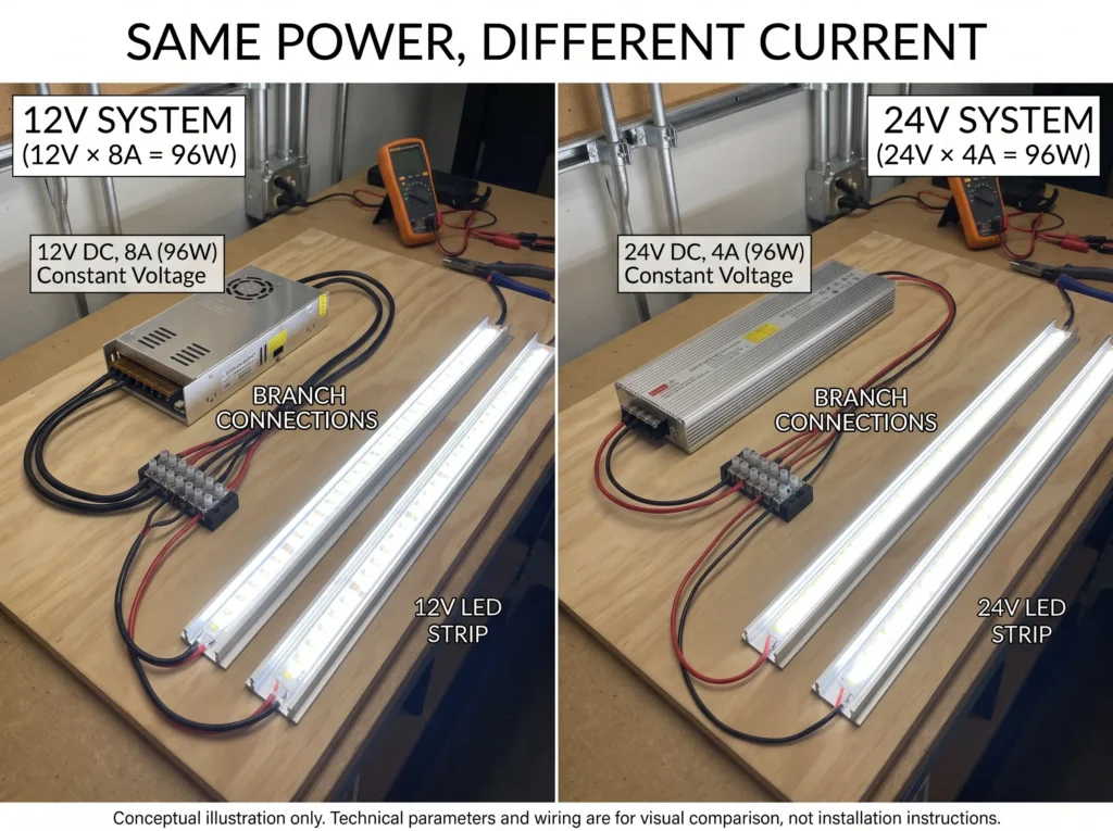 12V versus 24V office linear lighting power distribution showing current at equal load