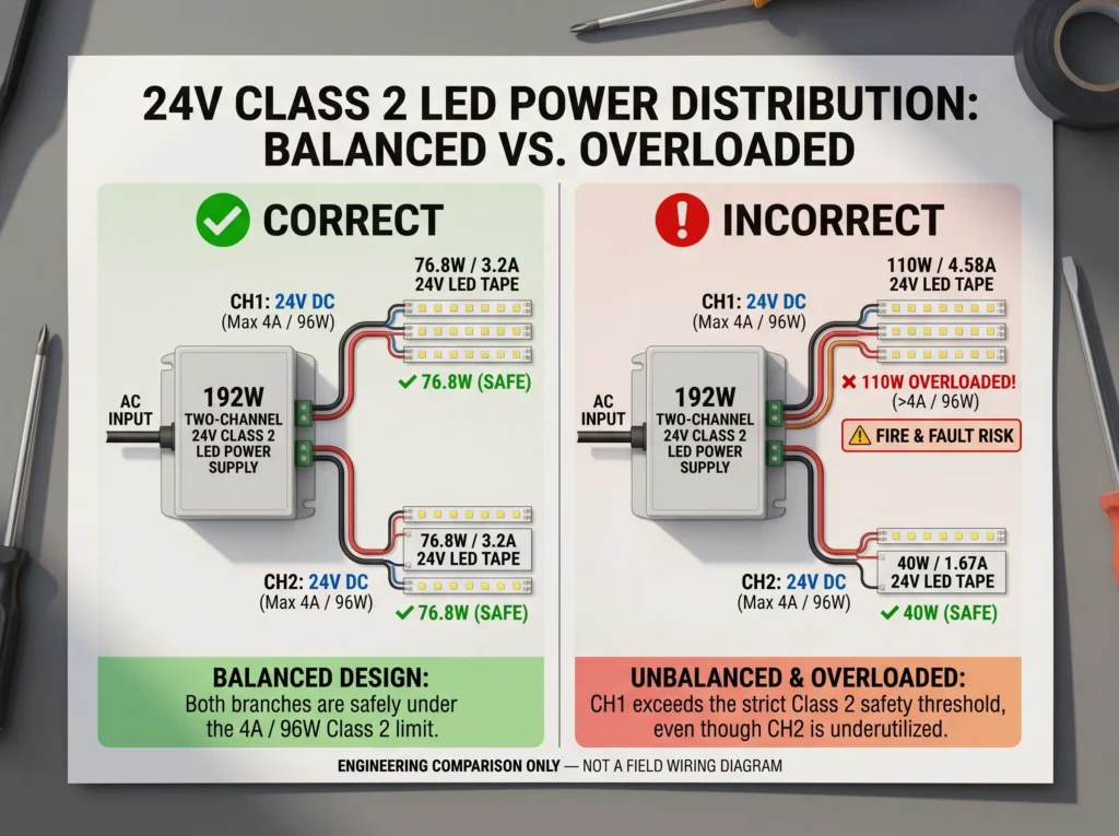 24V Class 2 LED power distribution showing balanced 76.8W branches versus an overloaded 110W channel