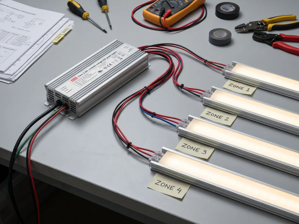 24V Class 2 LED power supply sizing for architectural LED strip and multiple lighting zones