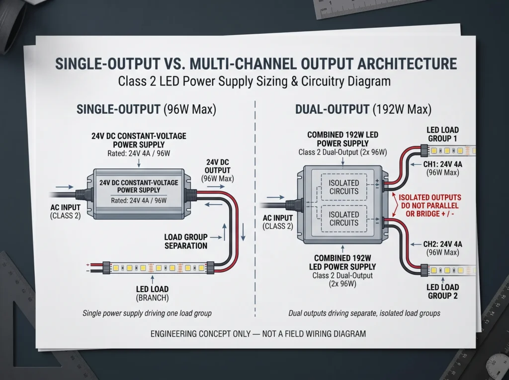 24V single-output 96W versus dual-output 192W Class 2 LED power supply channel diagram