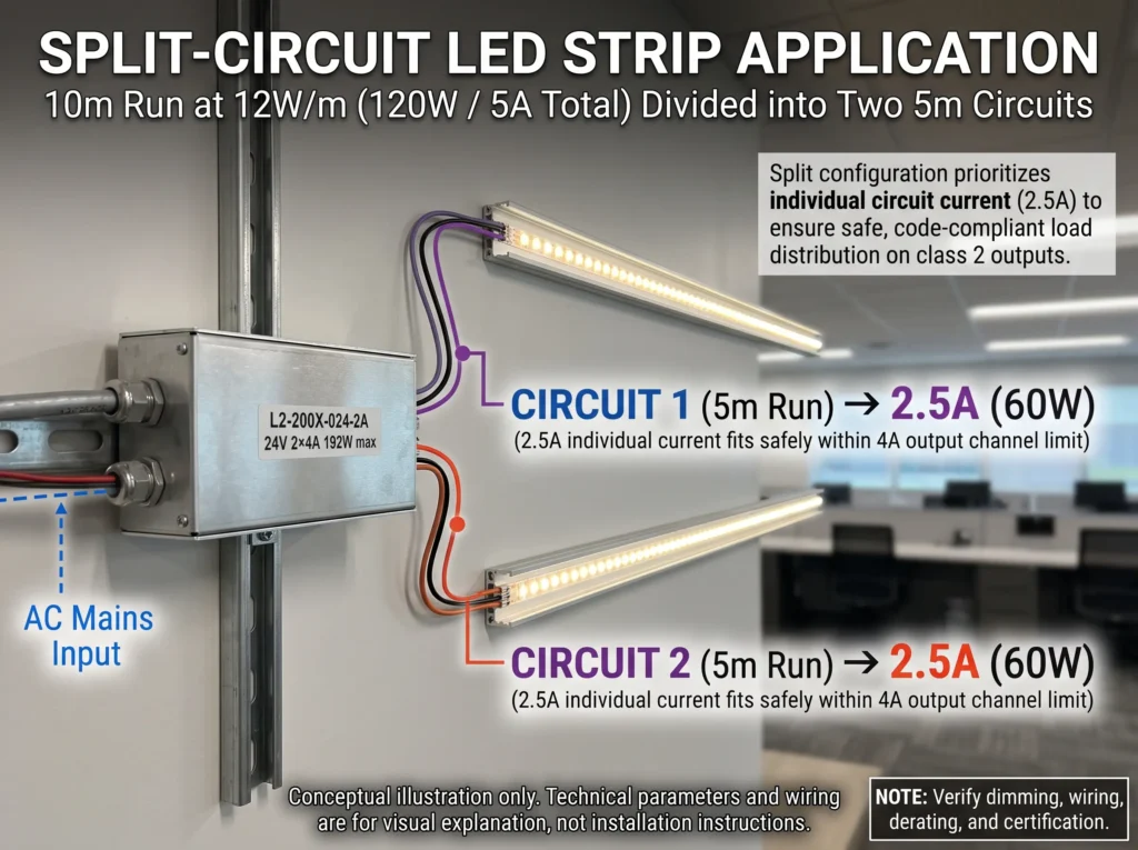 24V office cove lighting 10-meter load calculation split into two five-meter branches