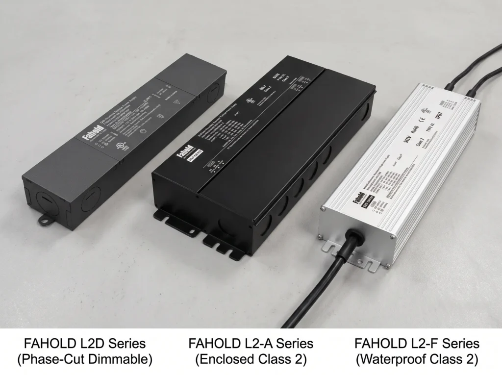 FAHOLD L2D phase-cut, L2-A enclosed and L2-F waterproof Class 2 dimmable LED power supply series