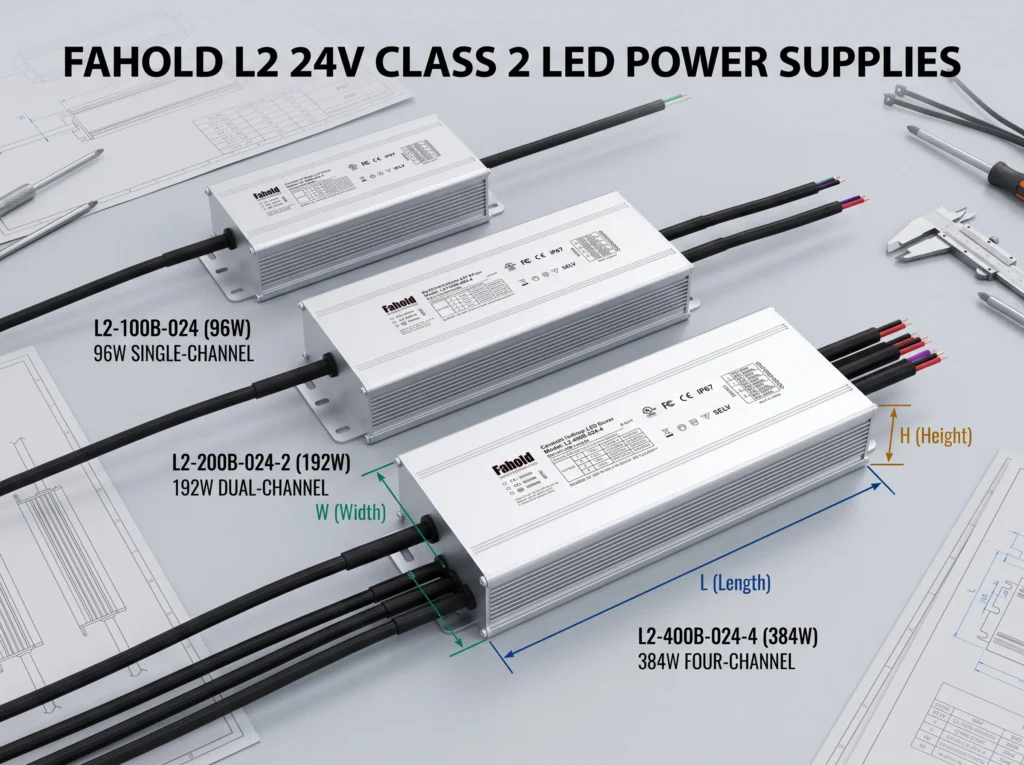 FAHOLD L2 24V Class 2 LED power supply models for single and multi-channel lighting loads
