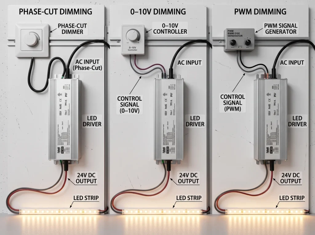 Conceptual separation of AC input, dimming-control terminals and DC LED output for phase-cut, 0–10V and PWM systems