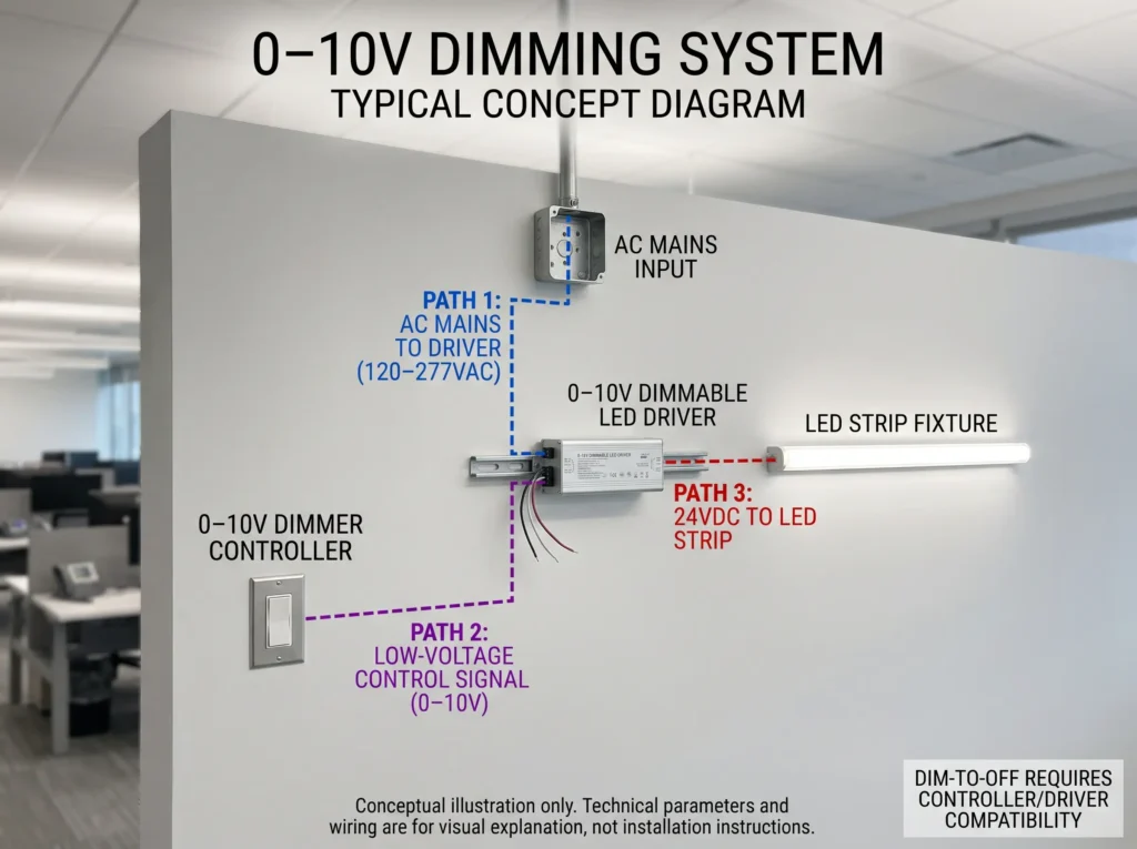 Conceptual office 0-10V dimming system with AC input, low-voltage control and 24V LED strip outputs
