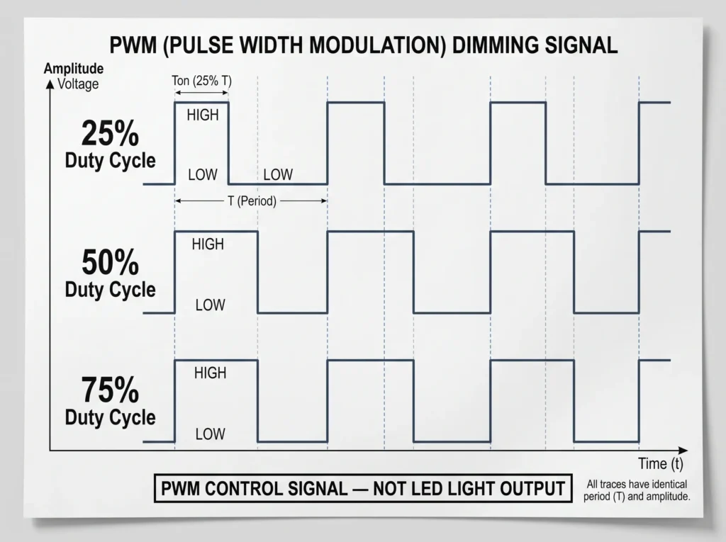 PWM dimming command waveforms showing 25 percent, 50 percent and 75 percent duty cycles
