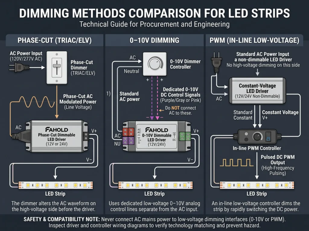 Conceptual comparison of phase-cut, 0–10V and PWM control options for restaurant LED strip lighting
