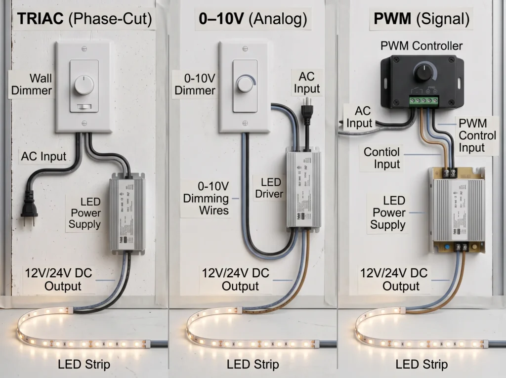 TRIAC phase-cut, 0–10V analog and PWM signal control compared for Class 2 LED power supplies